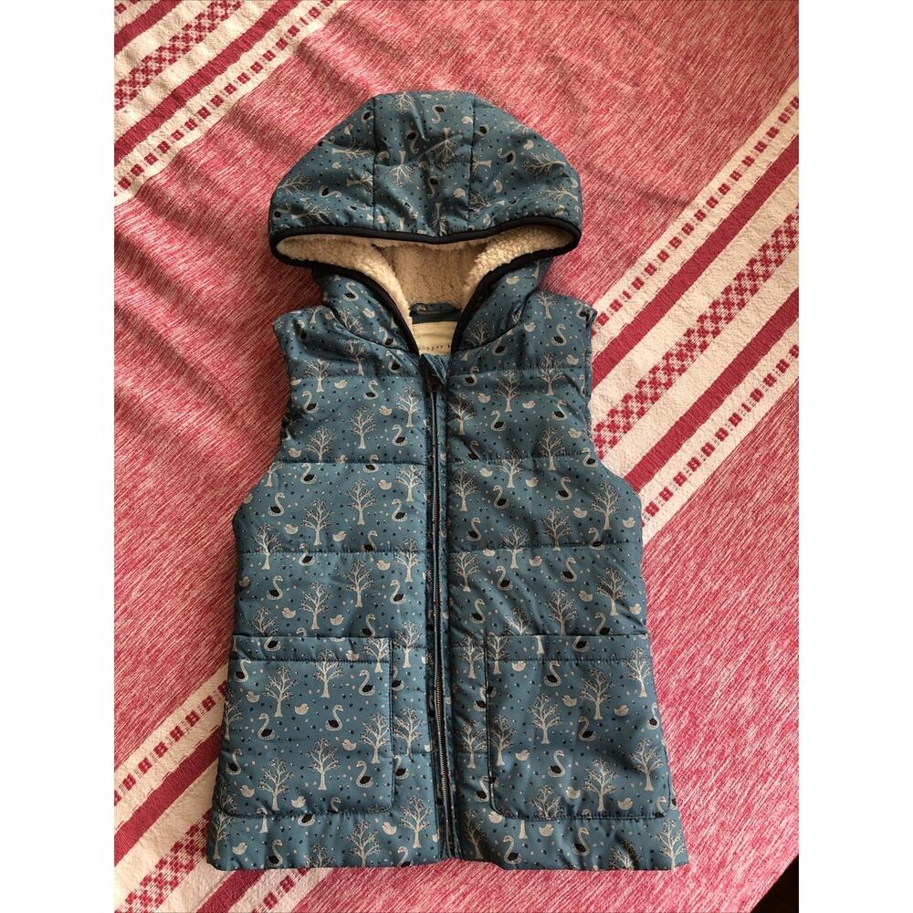 COPPER KEY Swan Print Puffer Vest Hood Girls 7/8 EUC Blue Full Zip Pockets